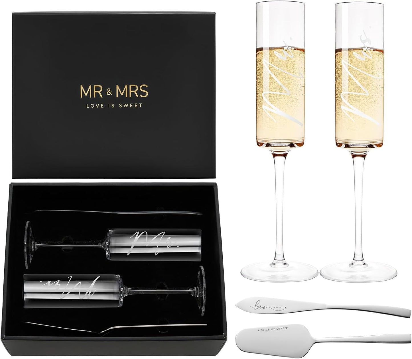 AW BRIDAL Engagement Bridal Shower Wedding Gifts for Newlywed Couples 2025, Anniversary Mr Mrs Champagne Flutes Toasting Glasses, Wedding Silver Cake Knife and Server Set with Gift Box for Bride Groom