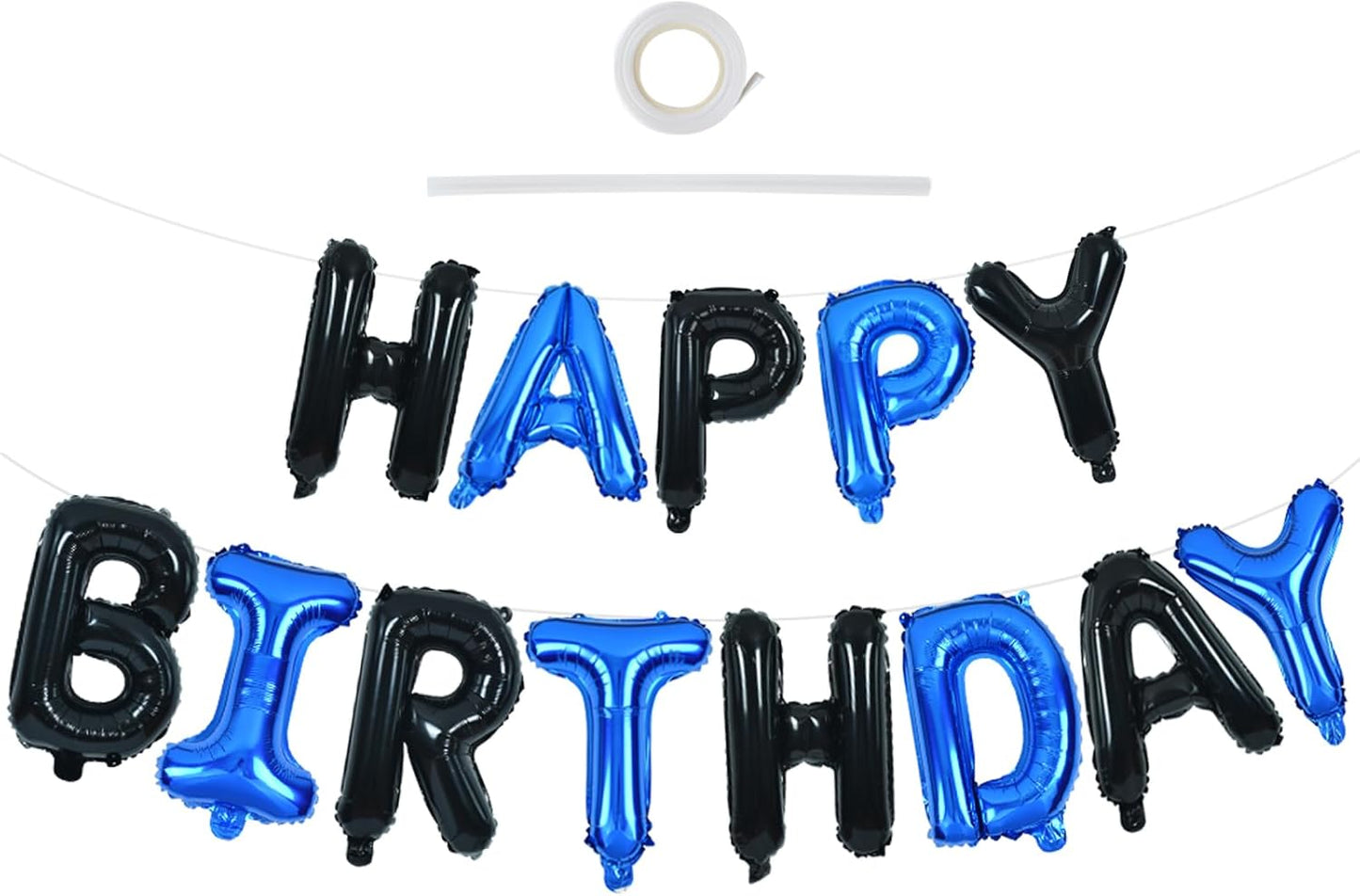 TONIFUL Happy Birthday Balloons Banner with Ribbon Straw, 16 Inch Mylar Letters Birthday Sign Banner Balloon Bunting Reusable for Girls Boys Kids & Adults Birthday Halloween Supplies（Black Blue）