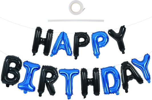 TONIFUL Happy Birthday Balloons Banner with Ribbon Straw, 16 Inch Mylar Letters Birthday Sign Banner Balloon Bunting Reusable for Girls Boys Kids & Adults Birthday Halloween Supplies（Black Blue）