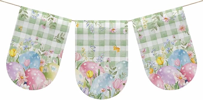 Easter Eggs Banner 3Pcs Indoor Outdoor Hanging Banner Flag Spring Daisy Eucalyptus Leaves Sage Green Plaid Sign for Fireplace Mantel Decorative Bunting Garland Valance for Shop Door Decor 7.9"x11.8"