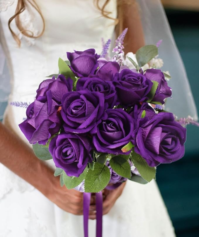 Artificial Roses Flowers, 12 Pcs Fake Purple Rose in Bulk, Long Stem Realistic Silk Roses Bouquet for Wedding, Party Centerpieces, Flower Arrangement, Home Decor (Purple, 12-PCS)
