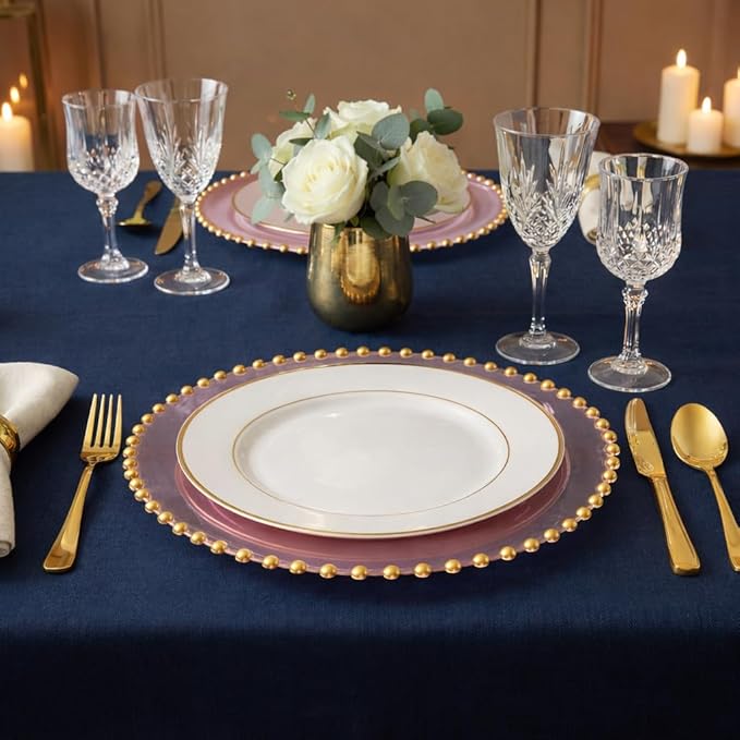 PLASTICPRO Translucent Pink with Gold Rim Plastic Charger Plates with Beaded Edge – Pack of 4 – 13" Elegant Round Disposable Chargers for Weddings, Events, Parties, and Dinners