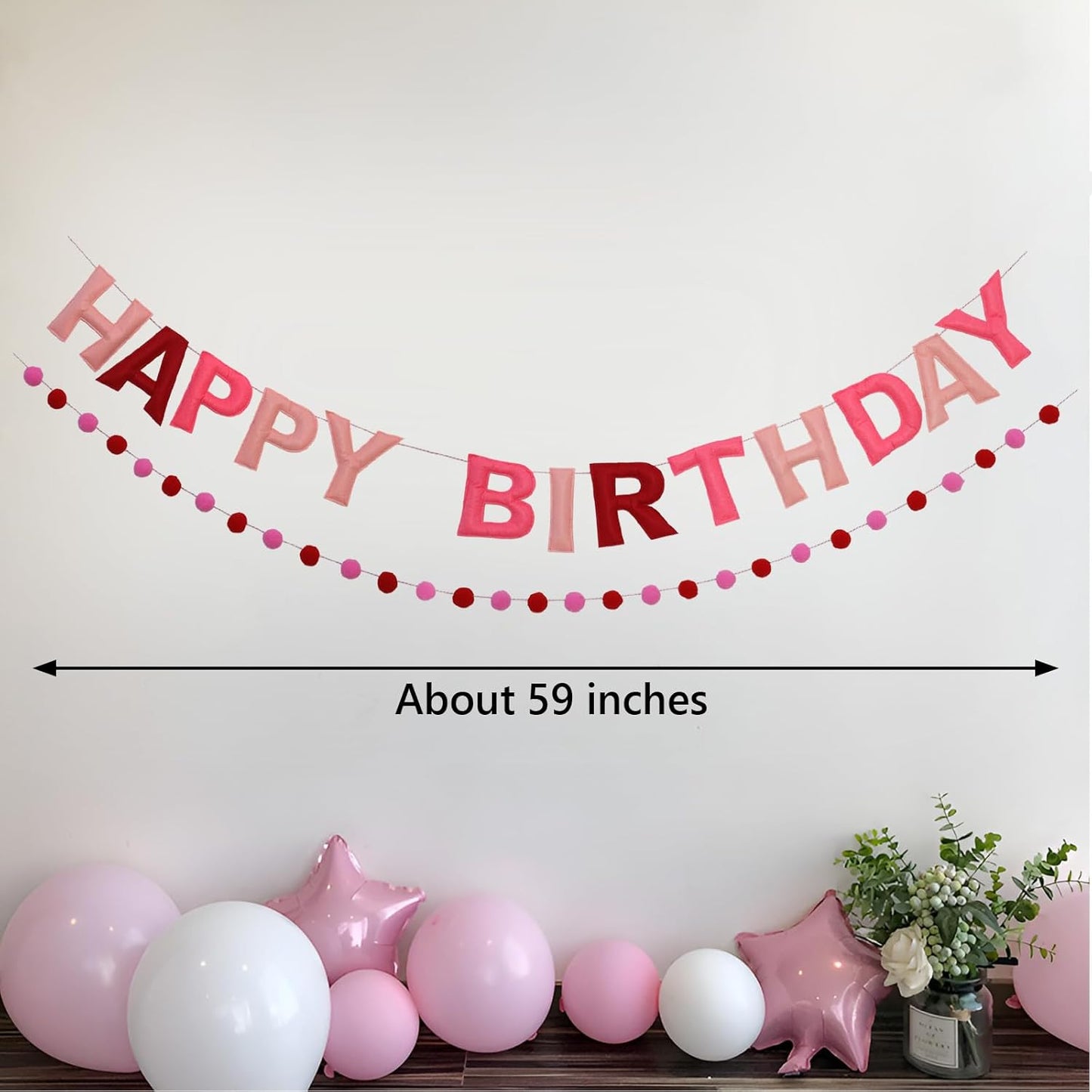 Red Happy Birthday Banner Felt Ball Garland Pre-Strung Happy Birthday Sign for Party Backdrop Decorations Photo Prop