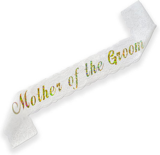 HAPRTY Mother of The Groom Sash, White Lace Bachelorette Party Sash for Bridal Shower Engagement Party Supplies and Accessories for Groom's Mother