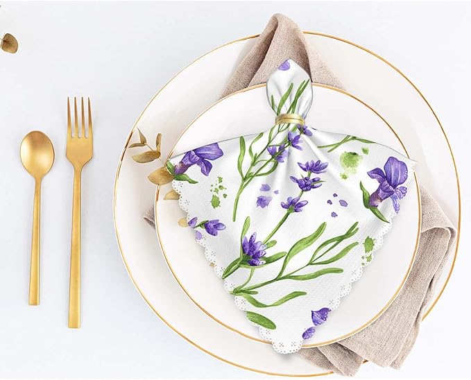 Yibeas Lavender Flowers and Leaves Cloth Napkins Dinner Table Napkins Watercolor Decorative Floral Purple and Green Washable Reusable Napkins Set of 4 Home Holiday Party Wedding