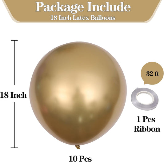 10pcs 18 inch Metallic Gold Balloons, Thick Latex Chrome Helium Balloons for Birthday Family Party Wedding Party Baby Shower Decoration Supplies