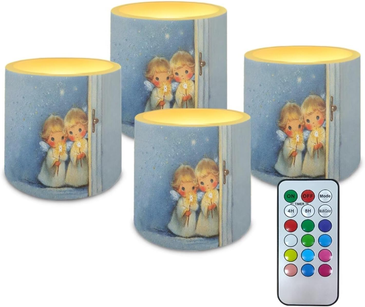 Poceacles LED Flameless Candles Set of 4 Multi-Color Battery Operated Fake Flickering Candles with Remote and Timer, for Holiday Festival Winter Decorations, Cute Angel Sparkler
