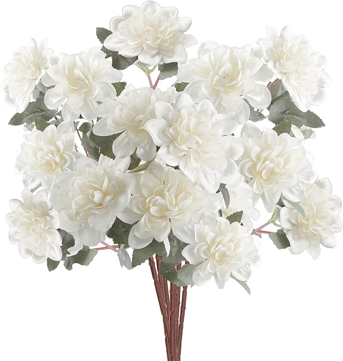 Uieke 6PCS Artificial Daisy Mums Flowers with Stem, Silk Dahlia Flowers Arrangement for Home Party Wedding Bouquet Winter Table Centerpieces Decor (White)