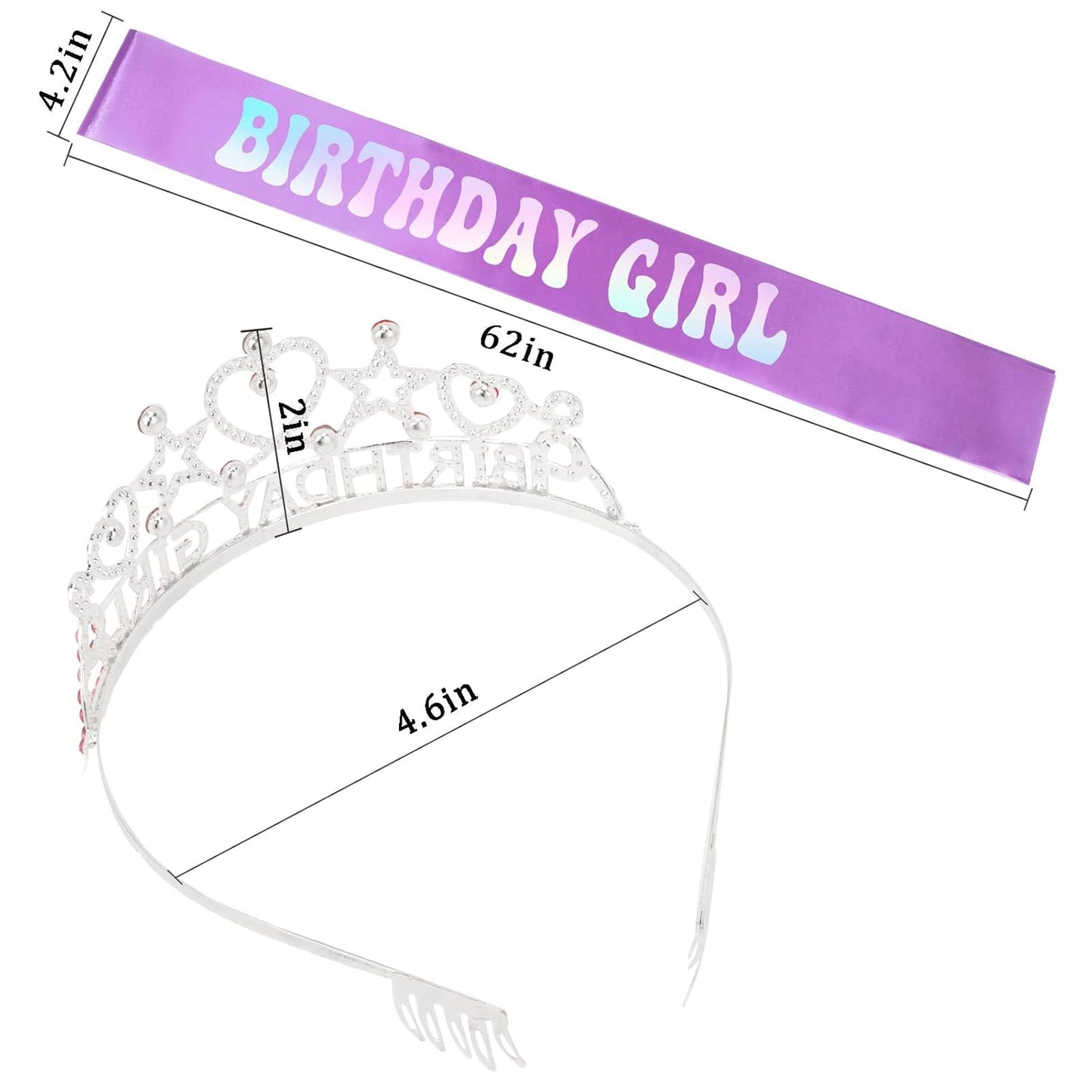 Purple Birthday Girl Tiara and Sash Set - Sparkling Rhinestone Crown with Heart/Star Design & Iridescent Glitter Sash, Perfect for Girls’ Birthday Parties, Princess-Themed Celebrations, Gift for Girls and Women