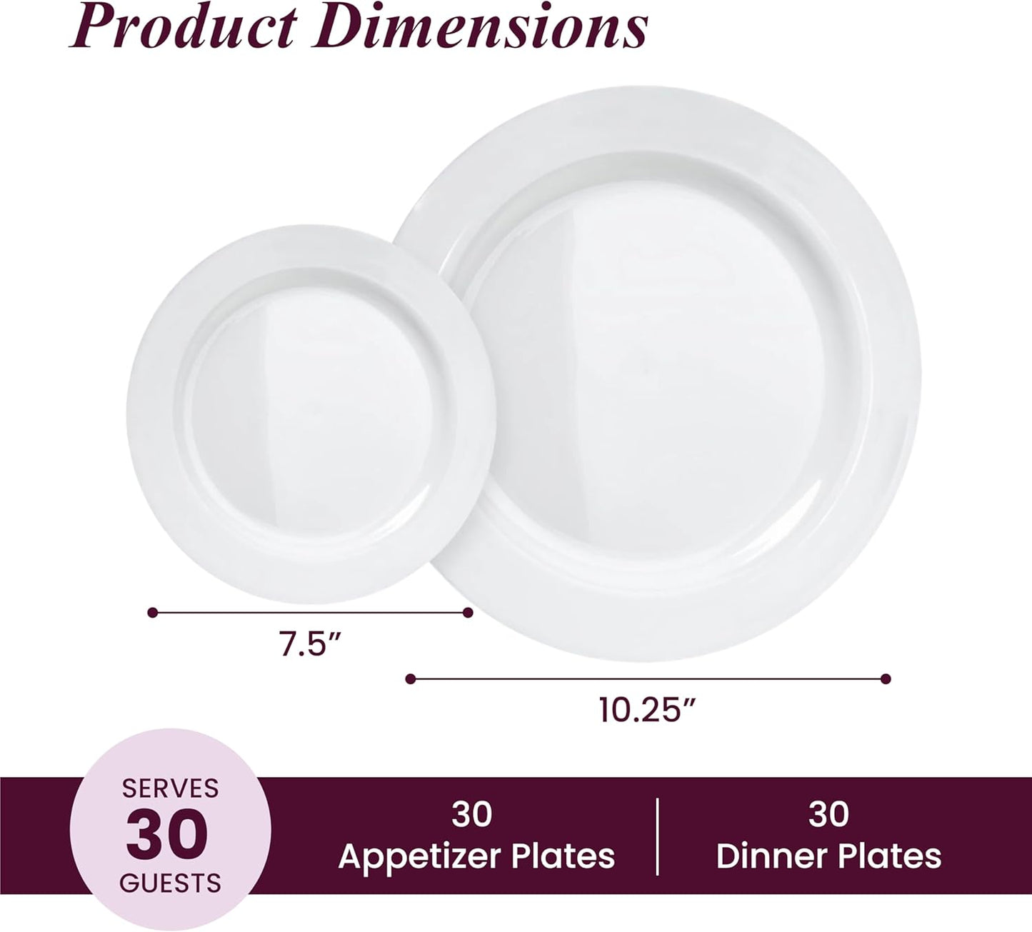Pack of 60 White Plastic Plates - Aya's Heavy Duty Disposable Set of 30 Dinner and 30 Salad Plates - Durable Round Plastic Dinnerware Set for Parties and Events