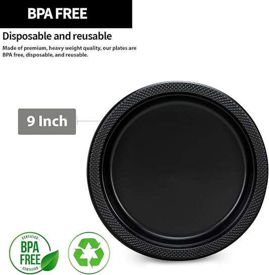 Hanna K. Signature Black Plastic Plates 9 Inch - 600 count - Plastic Solid Round Party Plates For Weddings, BBQs, Birthday Plates - Disposable Black Plates - Plastic Dessert Plates