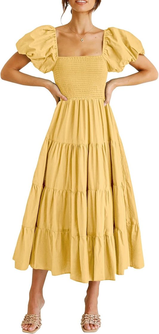 PRETTYGARDEN Women's Casual Summer Midi Dress Puffy Short Sleeve Square Neck Smocked Tiered Ruffle Dresses