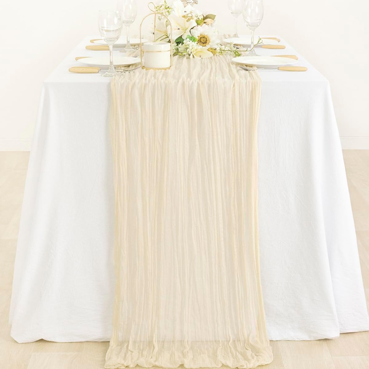 MLMC Beige Cheesecloth Table Runner 10ft Cream Rustic Gauze Cheese Cloth Fall Table Runner 35x120 Inches Sheer Cloth Centerpiece for Baby Bridal Shower Boho Home Decor