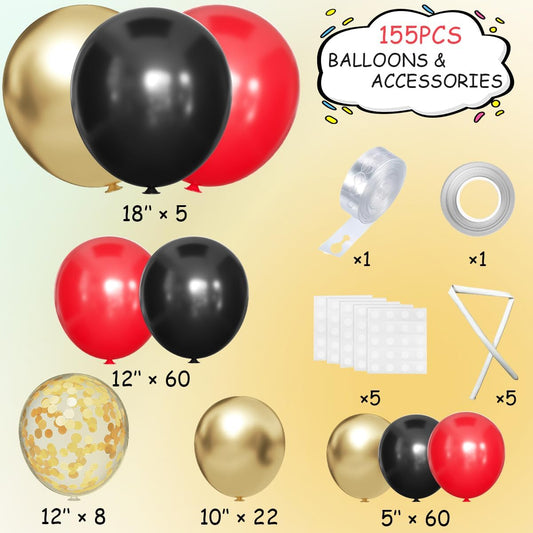 155Pcs Red Black Gold balloons Garland Arch Kit with Gold Confetti Balloons for Graduation Anniversary Casino Night Hollywood New Years Movie Night Birthday Decorations