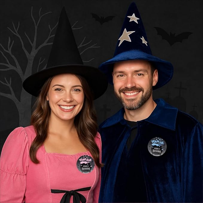 Baby is Brewing Halloween Gender Reveal Party - Bubbling Witch Cauldron Team He or Team She - 40 Stickers - Pink Blue