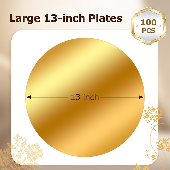 100PCS Gold Paper Placemats for Dinner Plates, 13 Inch Round Disposable Chargers, Shiny Holiday Place Mat for Dining Table Setting Valentine's Day Weddings Birthday Parties Kitchen Banquet Decor