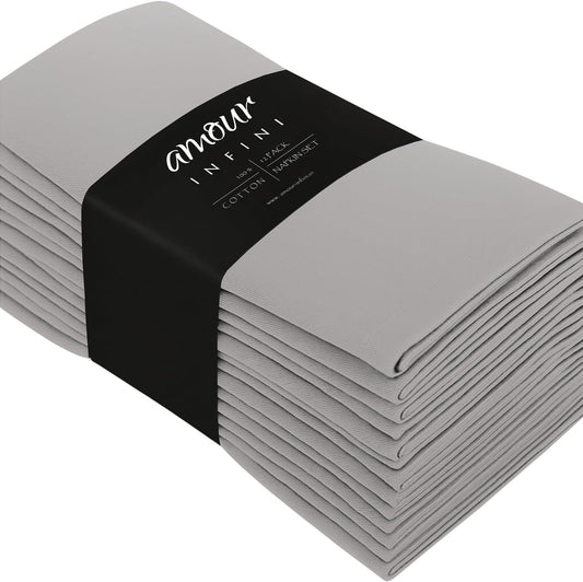 AMOUR INFINI Cotton Cloth Napkins Set of 12 Washable Soft Premium Hotel Quality 18x18 inch Dinner Napkin for Parties, Weddings and Table Decoration (Gray)