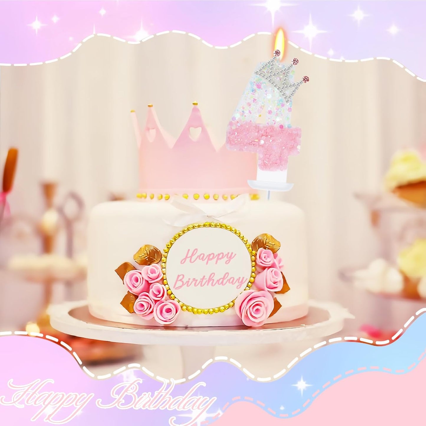 Pink White Number 4 Candle, Glitter Crown Cake Topper, Princess Birthday Party Decorations for Girls and Women Anniversary Celebrations Party Favors