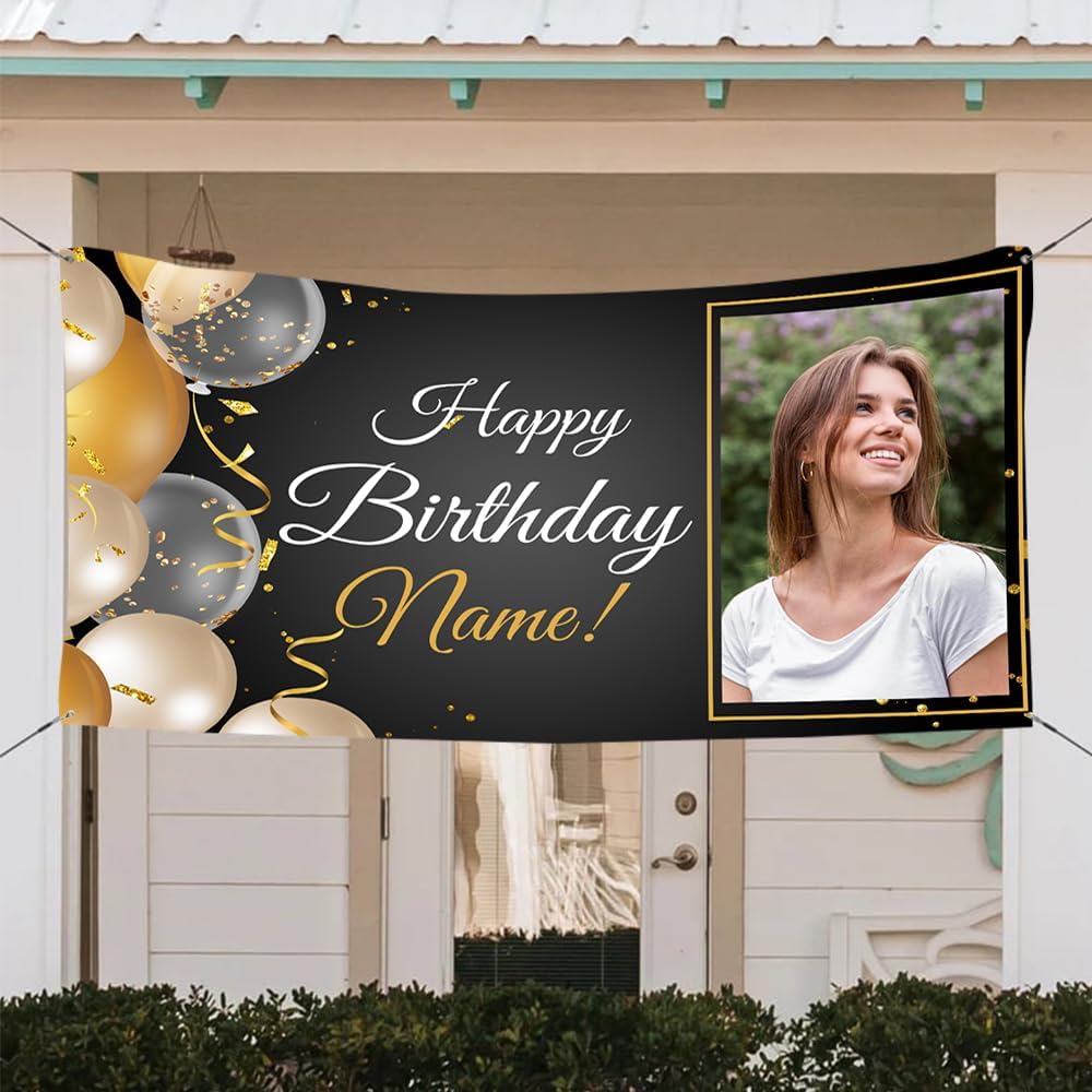 Generic Personalized Happy Birthday Banner, Customized With Photo And Name, Indoor And Outdoor Use, 12x24 inches, Red