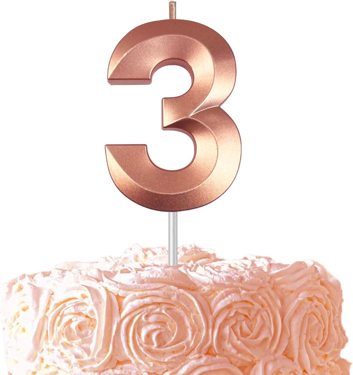 Rose Gold Number 3 Candles, 3D Diamond 2.76 Inch Cake Topper Birthday Candles for Wedding Anniversary Cake Decorations, Happy Birthday Party Decorations