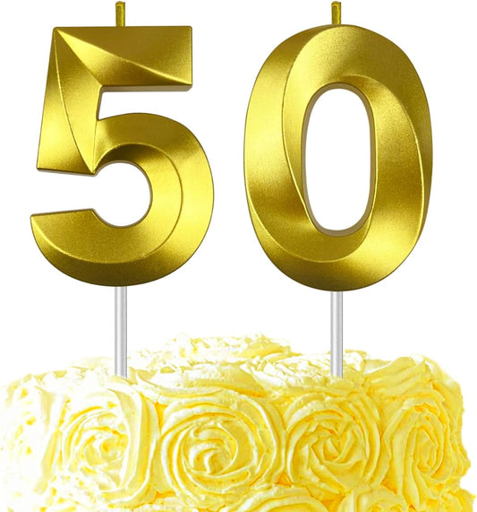 Gold Number 50 Candles, 3D Diamond 2.76 Inch Cake Topper Birthday Candles for Wedding Anniversary Cake Decorations, Happy Birthday Party Decorations