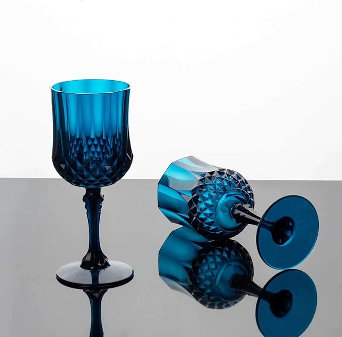 Efavormart 6-Pack Plastic Wine Glasses 8oz, Navy Blue - Crystal Cut Shatterproof Cocktail Goblets Drinking Glasses