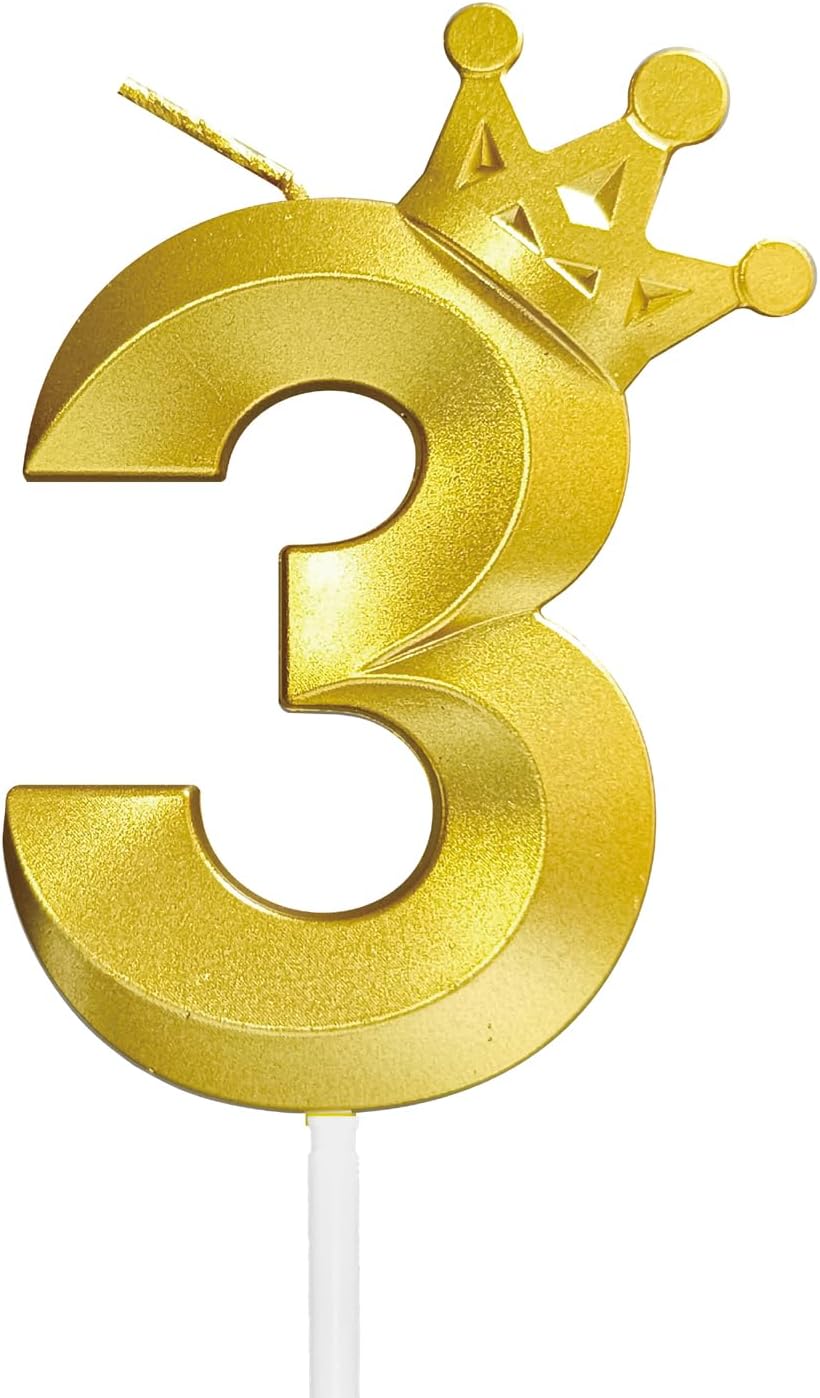 Number 3 Birthday Candle Three Years Old Happy Birthday Number Candles Cake Topper Decorations 3D Crown (Crown-3, Gold)