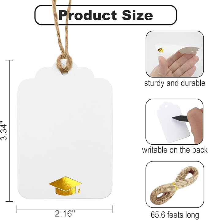 ASYEHJNR 100Pcs Blank Gift Tags with String Foil Gold Grad Cap Large White Paper Gift Tags with 65 Ft Jute Twine for Congrats Grad Congratulations Graduation Party
