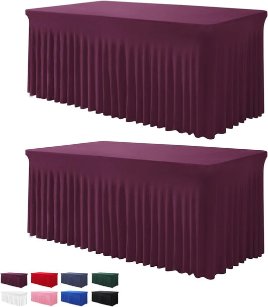 Table Skirt for 4 Foot Tables - 2 Pack One-Piece Burgundy Tablecloths and Skirt, Wrinkle Resistant Ruffles Elastic Cover for Banquets, Weddings, Events, Parties