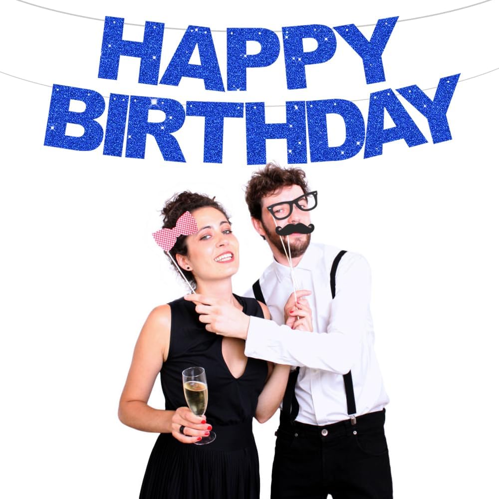 BEISHIDA Blue Happy Birthday Banner - Pre-Strung, No DIY, Sign - Birthday Banner for Women, Kids Decor
