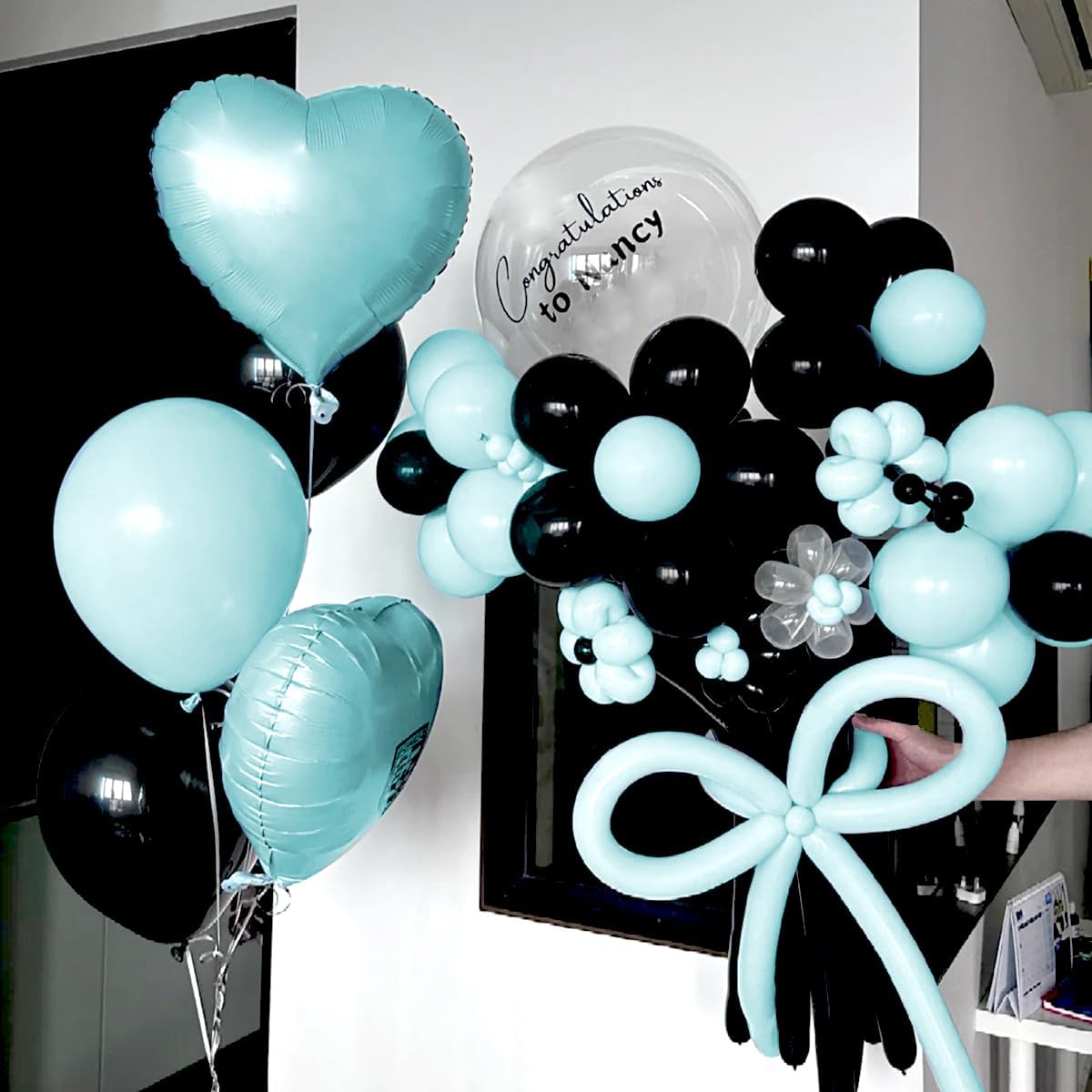 Macaron Blue and Black Balloons Arch Kit & Garland, 151Pcs Light Blue Black Bobo Different Size 18 12 10 5 inch for Boss Baby, Graduation, Birthday, Gaming Party Decorations