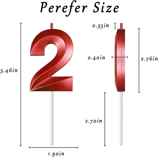 Red Number 2 Candles, 3D Diamond 2.76 Inch Cake Topper Birthday Candles for Wedding Anniversary Cake Decorations, Happy Birthday Party Decorations