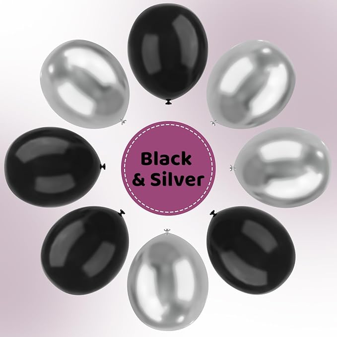 Black and Silver Balloons Arch Garland Kit, 134pcs Metallic Chrome Silver and Black Balloons with Different Size for Birthday, Graduation, Baby Shower, Disco New Years Party Party Decoration…