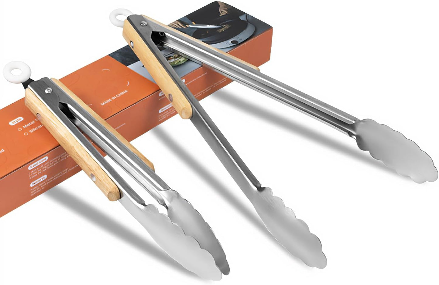 Stainless Steel Kitchen Tongs with Oak Wood Handle - Heat Resistant, Heavy Duty Locking Tongs for Cooking, BBQ, Salad, and Serving - Set of 2 (9" and 12") - Dishwasher Safe, Food Grade, No Rubber