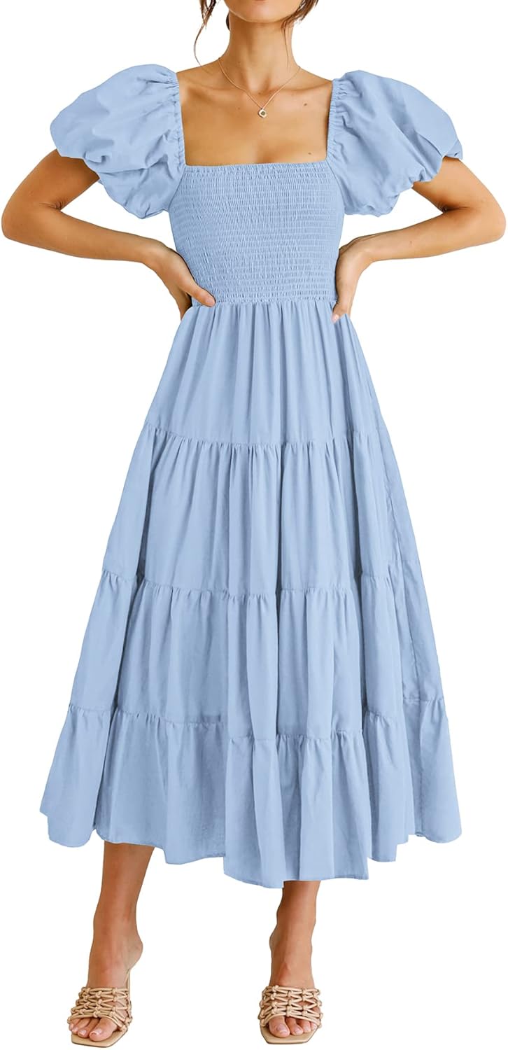 PRETTYGARDEN Women's Casual Summer Midi Dress Puffy Short Sleeve Square Neck Smocked Tiered Ruffle Dresses