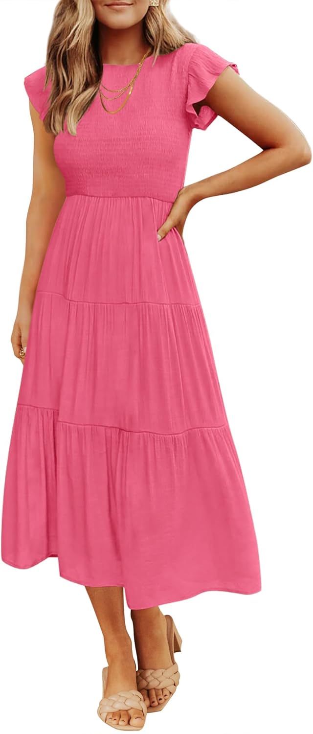 ZESICA Women's 2025 Summer Casual Flutter Short Sleeve Crew Neck Smocked Elastic Waist Tiered Midi Dress