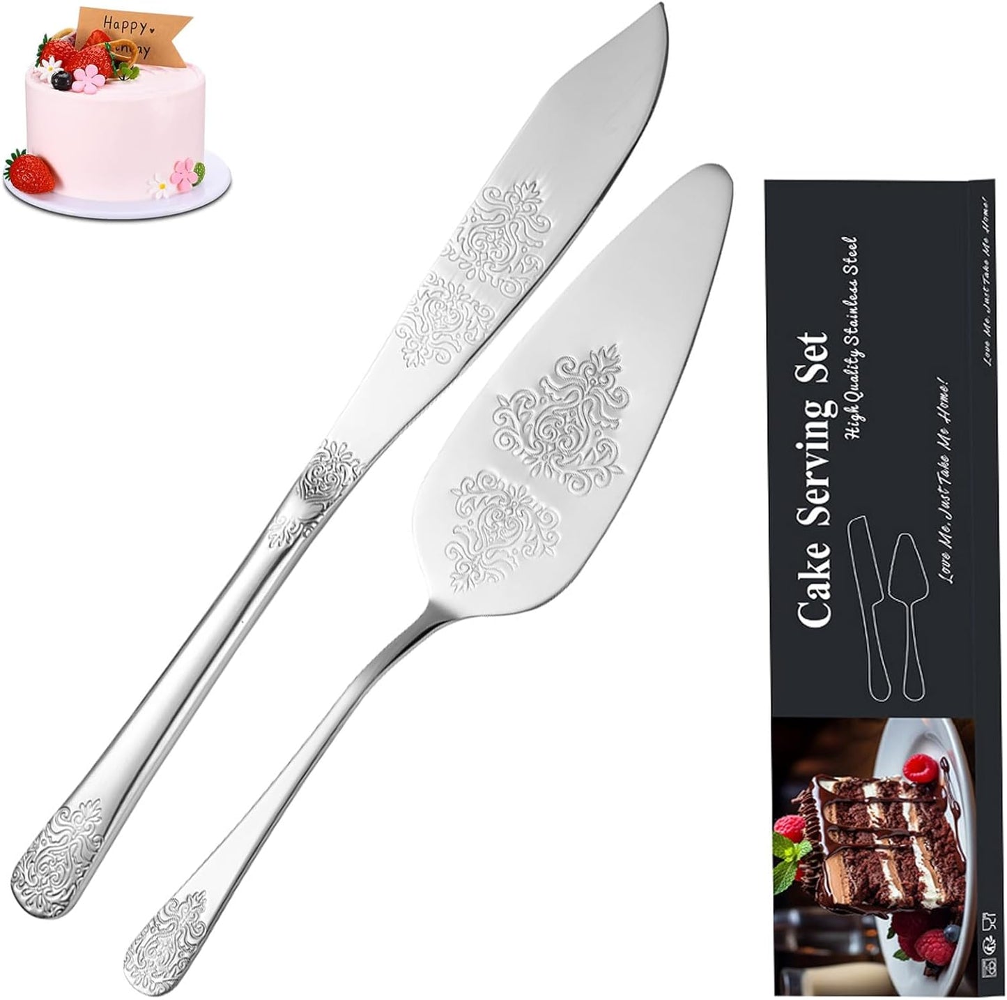 Cake Cutting Set for Wedding, Elegant Cake Knife and Server Set with Thickened Stainless Steel Rounded Edges, Cake Cutter Pie Spatula for Birthday Anniversary Christmas 2 Pcs Silver