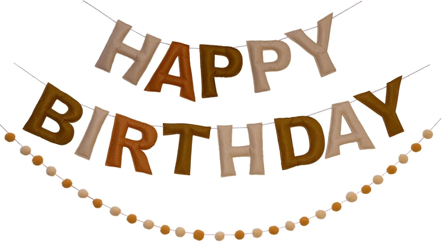 Brown Happy Birthday Banner Felt Ball Garland Pre-Strung Happy Birthday Sign for Party Backdrop Decorations Photo Prop