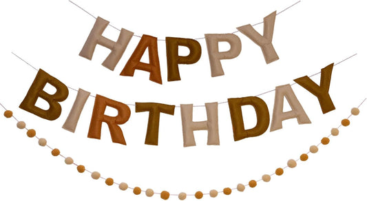 Brown Happy Birthday Banner Felt Ball Garland Pre-Strung Happy Birthday Sign for Party Backdrop Decorations Photo Prop