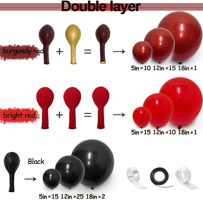 Black Red Balloon Garland Double Stuffed Burgundy Black Balloons Maroon Ruby Red Balloon Arch for Birthday Wedding Bridal Bachelorette Mother's Day Graduation Party Decorations