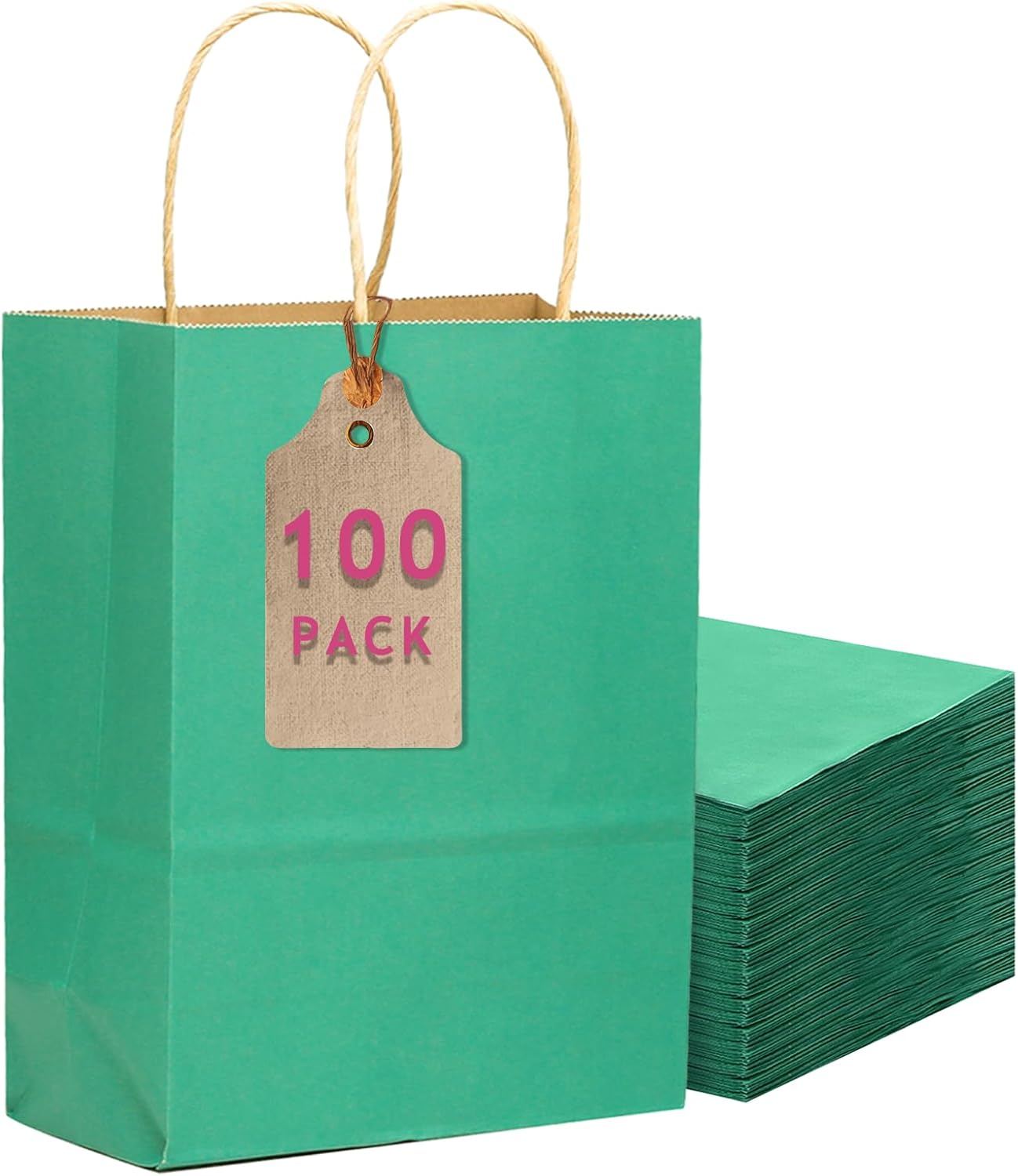 qiqee 100PCS Gift Bag with Handles Bulk Cyan Paper Bags Multiple Uses (11"x5"x8" Medium Size)