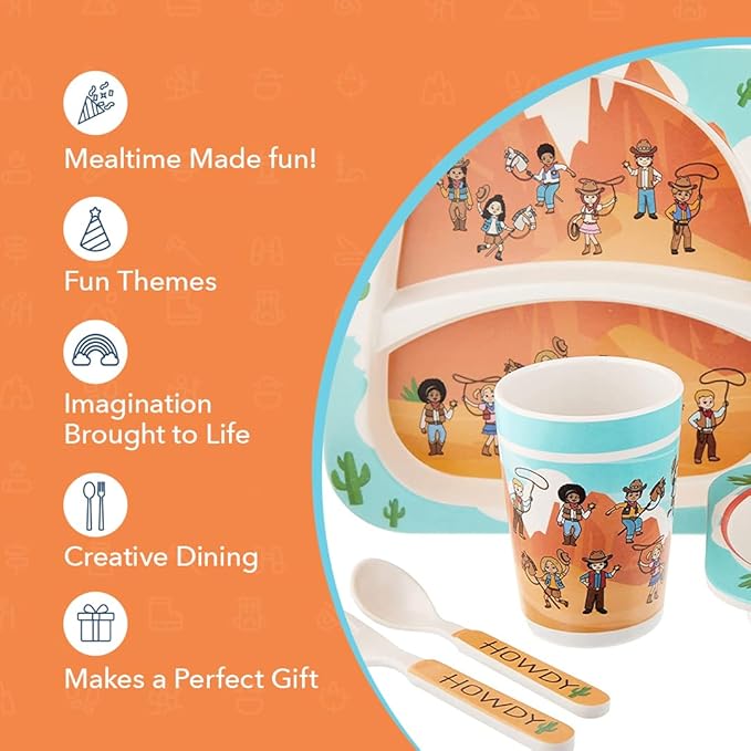 Western Cowboys Themed Kids Dinnerware - 5 Piece Set, Bamboo Fiber Plate, Bowl & Cup, Toddler Safe Utensils