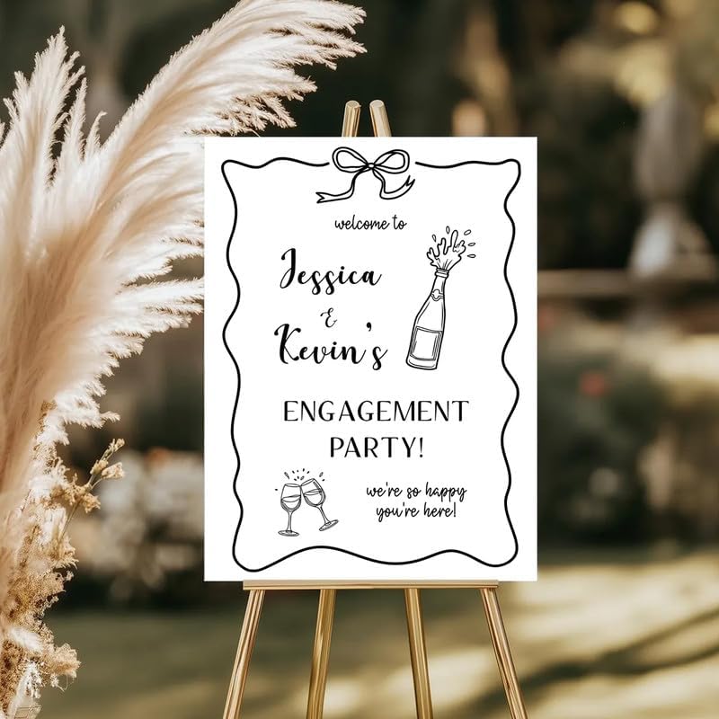 Black & White Bow Engagement Party Welcome Sign - Personalized Couples Yard Sign with Champagne & Glasses