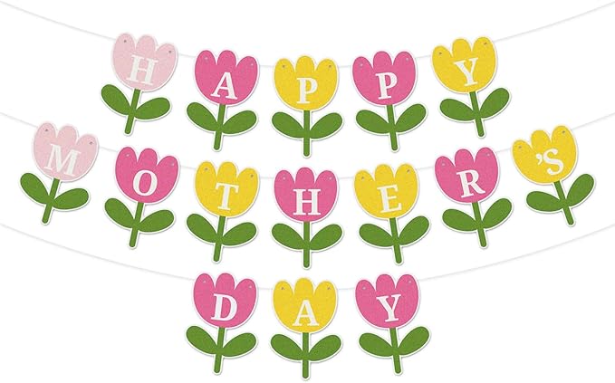 Happy Mother's Day Banner Set Decoration for Mother's Day Party Decorations Backdrop Garland for Mom Mother's Day Glitter Garland Photo Props (Pink Yellow Flower)