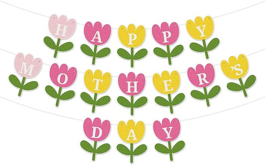 Happy Mother's Day Banner Set Decoration for Mother's Day Party Decorations Backdrop Garland for Mom Mother's Day Glitter Garland Photo Props (Pink Yellow Flower)