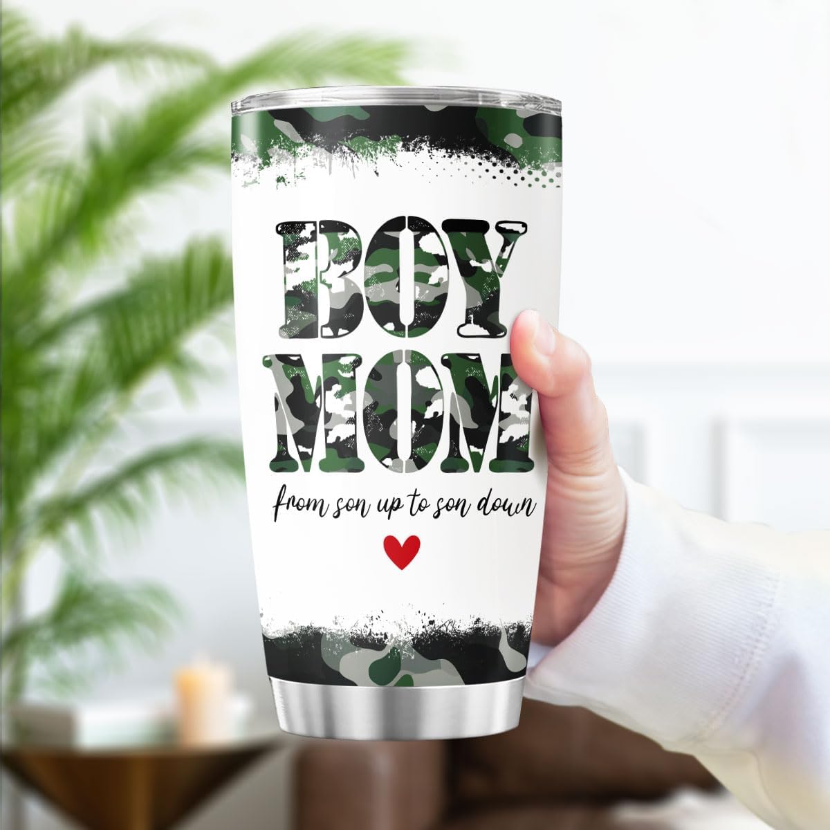 Boy Mom Camouflage Gift 20oz Insulated Stainless Steel Tumbler, Funny Camo Travel Cup for Mothers from Son, From Son Up to Son Down Quote, Vacuum Mug for Coffee, Water, or Outdoor