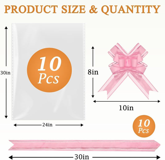 PigPotParty 24"x30" Clear Cellophane Gift Bags with Pink Bows – 10 Pack Large Cellophane Wrap for Gift Baskets, Plastic Gifts Bags for Baby Girl Shower, Birthday Party and Bridal Shower