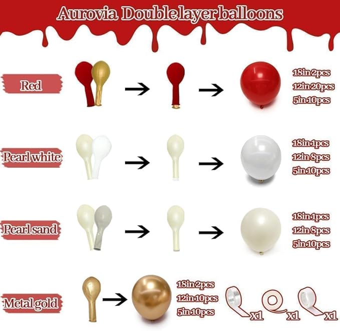 Red White Gold Balloon Garland Double Stuffed Burgundy Red White Sand Pearl Balloon Arch Kit Maroon Wine Balloons for Mother's Day Birthday Bridal Shower Wedding Graduation Party Decorations