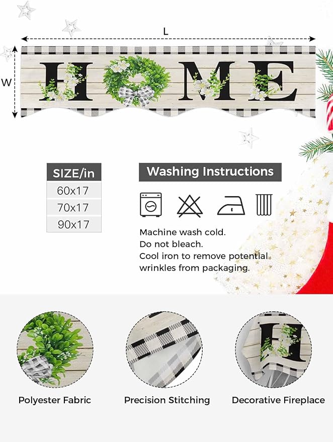 Rustic Home Fireplace Mantel Scarf Table Runner,Eucalyptus Leaves Floral Wooden Buffalo Plaid Winter Garland Mantel Top Tablerunners Dresser Scarves Cover for Windows Party Living Room 60"x17"