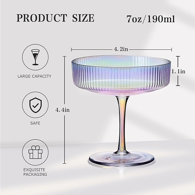 CUKBLESS Iridescent Martini Glasses Set of 6, Champagne Coupe Glasses, Hand Blown Vintage Ribbed, Cocktail for Margarita, Whiskey, Dessert, 7 oz